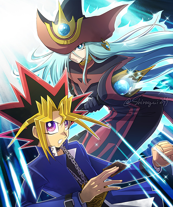 1boy, 1girl, artist_name, black_gloves, blonde_hair, blue_eyes, blue_hair, blue_jacket