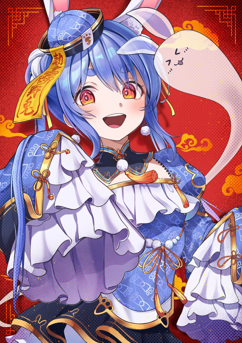 1girl, animal_ears, blue_dress, blue_hair, blue_hat, blue_sleeves, braid, braided_bun