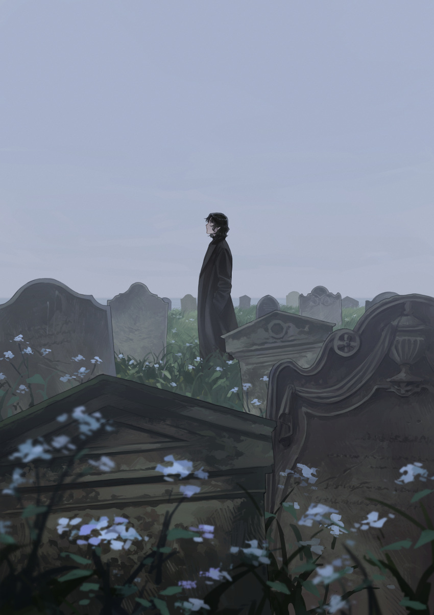 1boy, black_coat, black_hair, coat, commentary, flower, from_side, graveyard, grey_sky, hands_in_pockets, highres, kaworunakano, long_coat, male_focus, medium_hair, original, sky, solo, tombstone