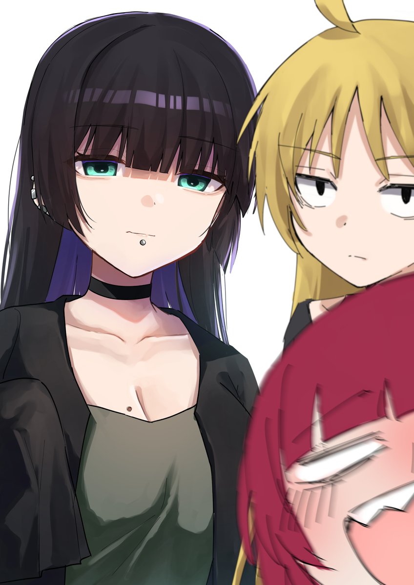 3girls, ahoge, aqua_eyes, black_choker, black_hair, blonde_hair, blunt_bangs, blush