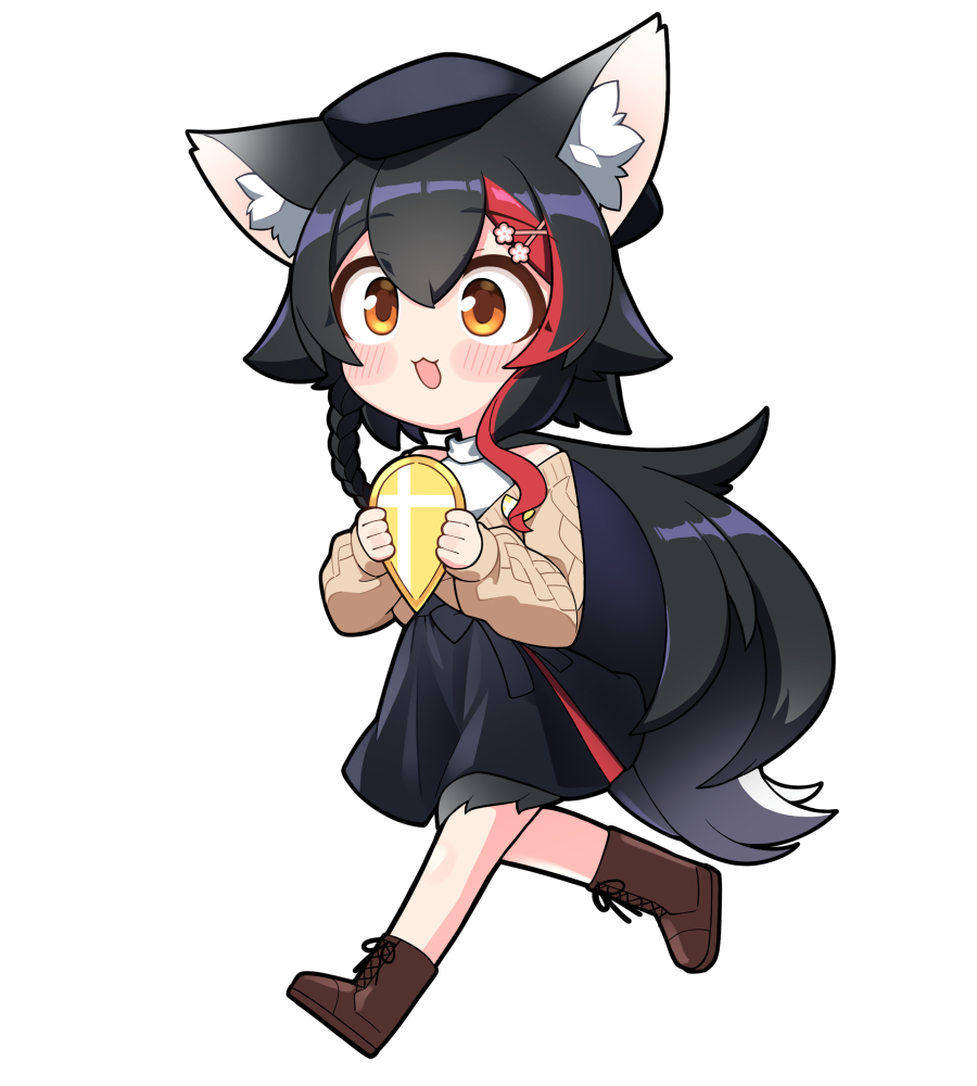 1girl, :d, animal_ears, asymmetrical_sidelocks, beret, black_hair, black_hat, black_skirt