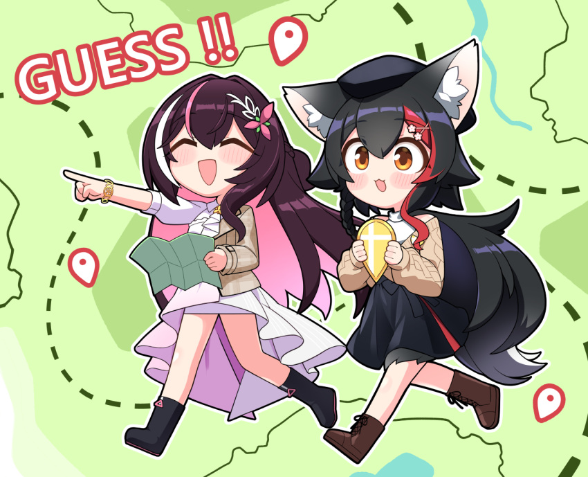 2girls, :d, ^_^, animal_ears, ascot, asymmetrical_sidelocks, azki_(4th_costume)_(hololive), azki_(hololive), beret, black_boots, black_hair, black_hat, black_skirt, blush, blush_stickers, boots, bracelet, brown_boots, brown_cardigan, brown_hair, brown_jacket, cable_knit, cardigan, chibi, chibi_only, closed_eyes, collared_dress, colored_inner_hair, commentary_request, double-parted_bangs, dress, flipped_hair, gradient_clothes, gradient_dress, grey_dress, hair_between_eyes, hair_ornament, hairclip, half_up_half_down_braid, halter_shirt, halterneck, hat, holding, holding_map, hololive, hololive_gamers, jacket, jb_jagbung, jewelry, long_hair, looking_ahead, low_ponytail, map, map_pin, miniskirt, multicolored_hair, multiple_girls, official_alternate_costume, official_alternate_hairstyle, ookami_mio, ookami_mio_(street), open_mouth, pink_dress, pink_hair, pointing, pointing_forward, ponytail, red_hair, shirt, short_ponytail, sidelocks, skirt, skirt_under_dress, sleeveless, sleeveless_shirt, smile, spiky_hair, streaked_hair, striped_clothes, striped_dress, tail, tail_around_own_leg, tail_wrap, three-quarter_sleeves, vertical-striped_clothes, vertical-striped_dress, very_long_hair, virtual_youtuber, white_ascot, white_dress, white_hair, white_shirt, white_skirt, wide_ponytail, wolf_ears, wolf_girl, wolf_tail, yellow_eyes