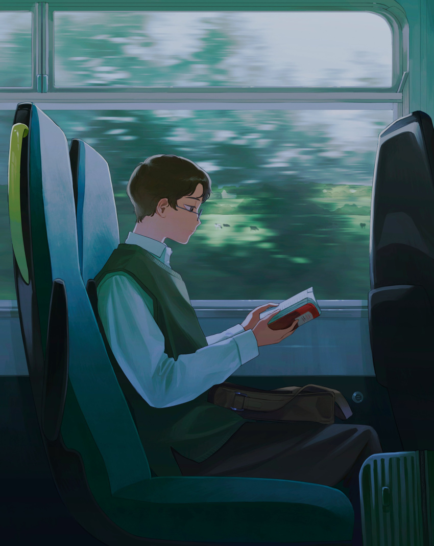 1boy, absurdres, bag, black_pants, book, brown_eyes, brown_hair, commentary