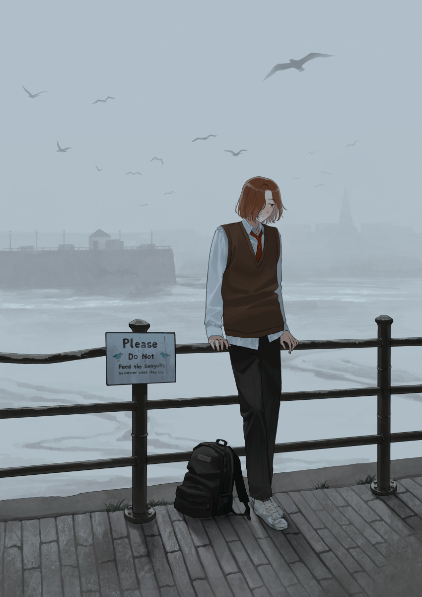 1boy, absurdres, backpack, bag, bird, brown_eyes, brown_sweater_vest, commentary_request