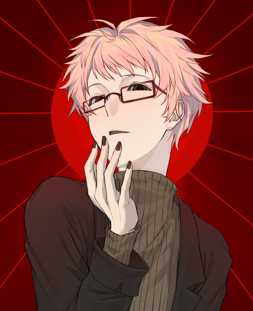 1boy, 49neb, atou_haruki, black_jacket, brown_sweater, chinese_commentary, commentary_request, glasses