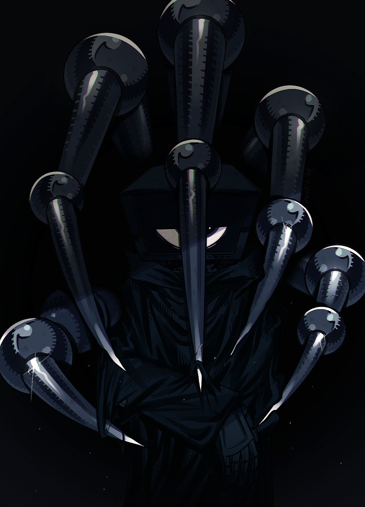 amatu_3a, claws, cloak, dr._harley_sawyer_(poppy_playtime), glint, grey_eyes, hand_up, highres, mechanical_arms, no_humans, object_head, poppy_playtime, prototype_(poppy_playtime), robot, sideways_glance, single_mechanical_arm, torn_cloak, torn_clothes