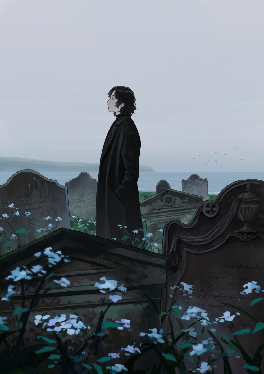 1boy, absurdres, black_coat, black_eyes, black_hair, coat, commentary_request, flower