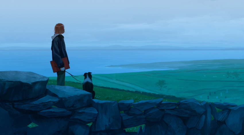 1boy, absurdres, androgynous, black_jacket, commentary_request, dog, highres, holding