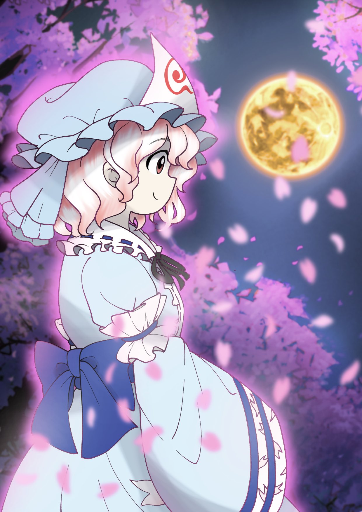 1girl, black_bow, blue_bow, blue_hat, blue_sleeves, blue_veil, blurry, bow, cherry_blossom_print, cherry_blossoms, closed_mouth, commentary, depth_of_field, dress, edwardmidori, english_commentary, floral_print, frilled_dress, frilled_garter, frilled_hat, frilled_veil, frills, from_side, full_moon, ghost, glowing, hat, highres, japanese_clothes, kimono, long_sleeves, medium_hair, mob_cap, moon, neck_ribbon, night, nose, perfect_cherry_blossom, petals, pink_eyes, pink_hair, ribbon, ribbon-trimmed_collar, ribbon_trim, saigyouji_yuyuko, sash, sleeve_garter, smile, solo, spiral_print, touhou, tree, triangular_headpiece, veil, waist_bow, waist_sash, wavy_hair, wide_sleeves, zun_(style)