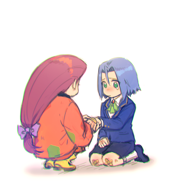1boy, 1girl, aged_down, apple_brk, blue_hair, green_eyes, healing, heat_plaster, injury, james_(pokemon), jessie_(pokemon), kneeling, pink_hair, pokemon, pokemon_(anime), pokemon_(classic_anime), ribbon, sad, team_rocket, tears, white_background