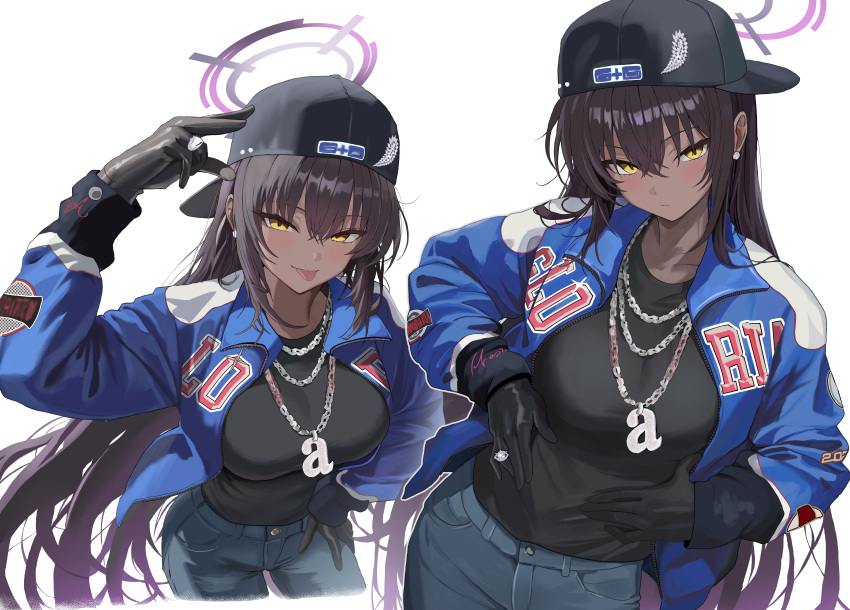 1girl, :p, absurdres, alternate_costume, backwards_hat, baseball_cap, black_gloves, black_hair
