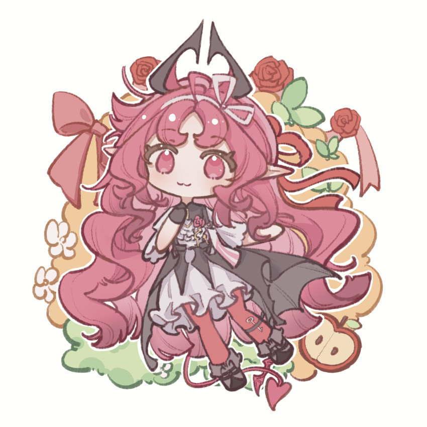 1girl, apple, arknights, baxunningning83118, bow, bug, butterfly, closed_mouth, dress, flower, food, fruit, hair_bow, heart, heart_tail, highres, key, long_hair, looking_at_viewer, nymph_(arknights), pink_eyes, pink_hair, pointy_ears, shirt, smile, solo, tail, very_long_hair, white_shirt