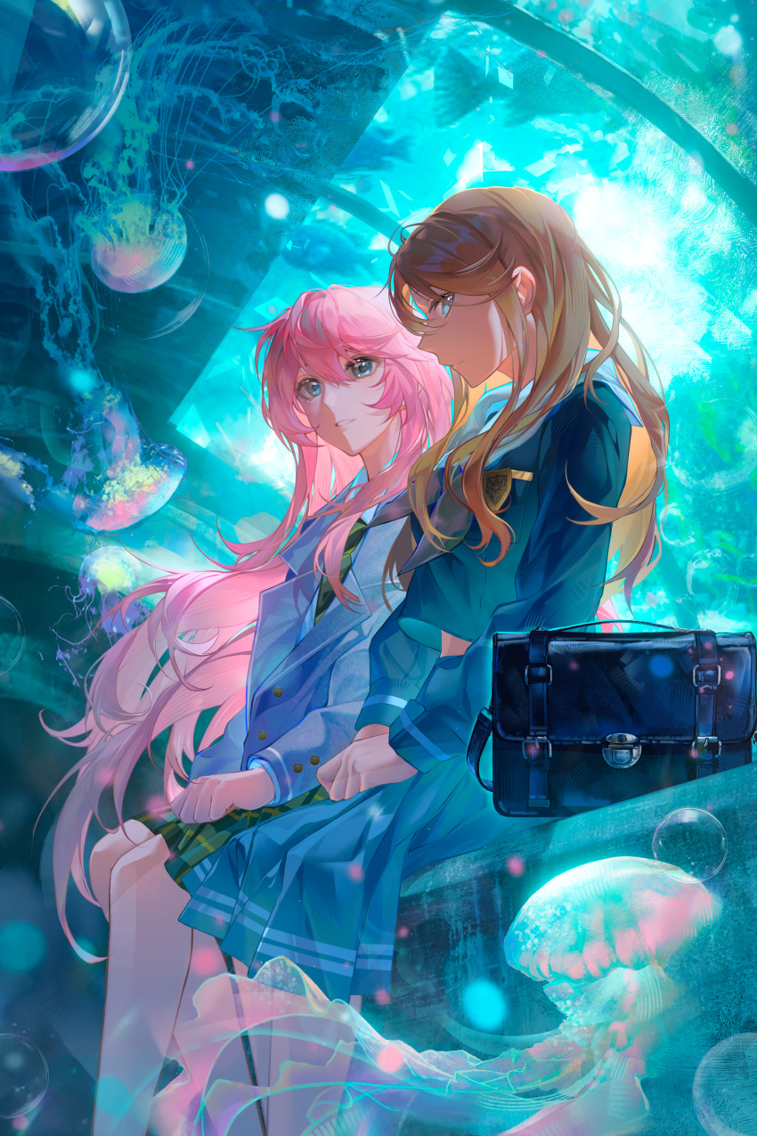 2girls, absurdres, aquarium, bang_dream!, bang_dream!_it's_mygo!!!!!, blue_eyes, blue_serafuku, blue_shirt