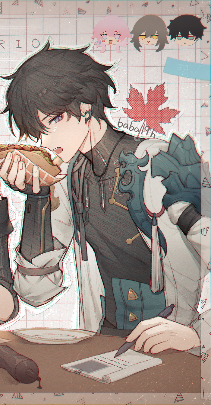1boy, 2girls, artist_name, baba19h, black_hair, black_shirt, blue_eyes, bottle