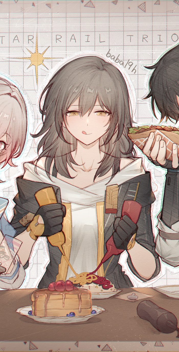 1boy, 2girls, :q, artist_name, baba19h, black_gloves, black_jacket, bottle