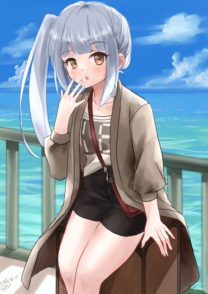 1girl, bag, black_shorts, blue_sky, brown_eyes, clouds, coat, day, decal, feet_out_of_frame, grey_coat, grey_hair, horizon, kantai_collection, kasumi_(kancolle), kasumi_(kure)_(kancolle), kitagawa_mikio, long_hair, looking_at_viewer, ocean, outdoors, railing, seven-segment_display, shirt, shorts, shoulder_bag, side_ponytail, sky, solo, suitcase, tote_bag, white_shirt