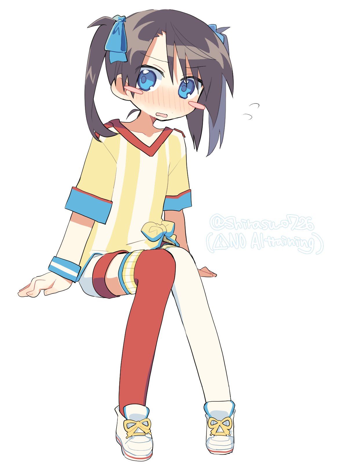 1girl, alternate_hairstyle, blue_eyes, blush, blush_stickers, brown_hair, full_body, highres