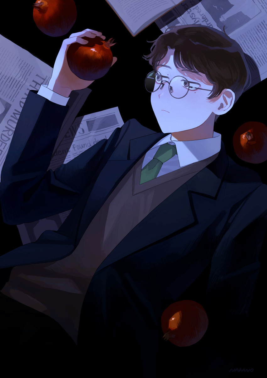 1boy, absurdres, black_hair, black_jacket, brown_sweater, commentary, food, frown