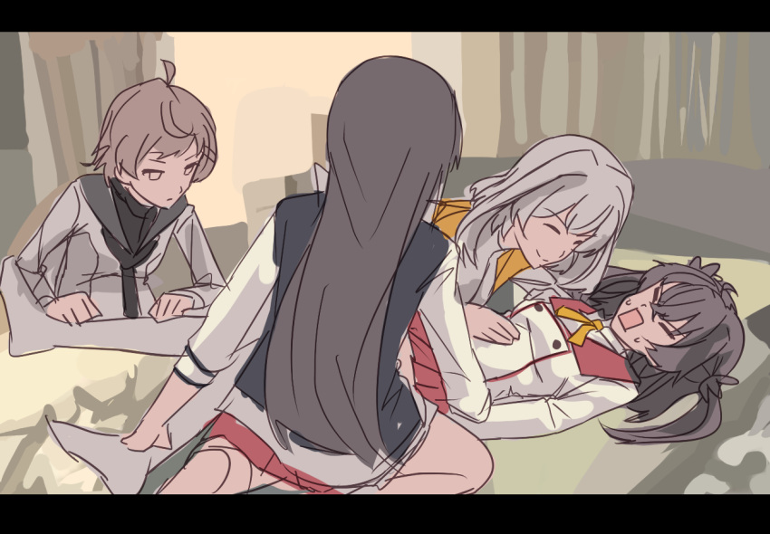 4girls, ahoge, asakura_mihono, ayanokouji_martial_arts_school_uniform, black_jacket, black_neckerchief, brown_hair, closed_eyes, closed_mouth, commentary_request, grey_hair, hair_between_eyes, hitakami_makoto, inago_akira, jacket, letterboxed, long_hair, long_sleeves, looking_at_another, lying, manatsu_no_yo_no_inmu, mashitono_desu, medium_hair, minoseki_gakuin_uniform, multiple_girls, neck_ribbon, neckerchief, no_shoes, on_back, open_mouth, orange_ribbon, osafune_girls_academy_school_uniform, pleated_skirt, red_skirt, ribbon, sailor_collar, school_uniform, shirt, short_hair, sidelocks, sitting, sketch, skirt, smile, sweat, thigh-highs, toji_no_miko, toribane_yuuki, white_shirt, white_thighhighs, winter_uniform, yuri