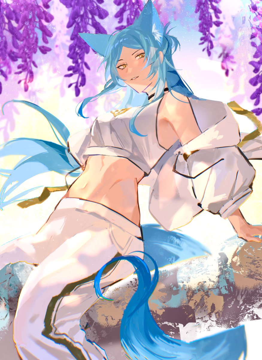 1girl, animal_ear_fluff, animal_ears, blue_hair, commission, crop_top, flower, fox_ears, fox_tail, highres, indie_virtual_youtuber, jewelry, jojo_pose, long_hair, miaowpuff, necklace, souma_spiritus, tail, vgen_commission, virtual_youtuber, wisteria