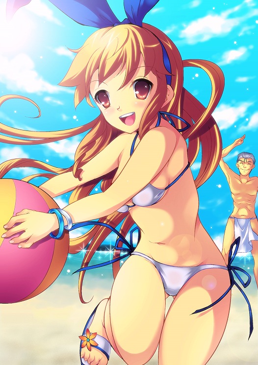 1girl, :d, ball, beach, beachball, bikini, blonde_hair, blush