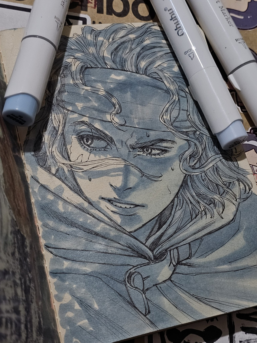 1girl, art_tools_in_frame, bandana, bangs_pinned_back, blue_theme, cloak, highres, hild_(vinland_saga)