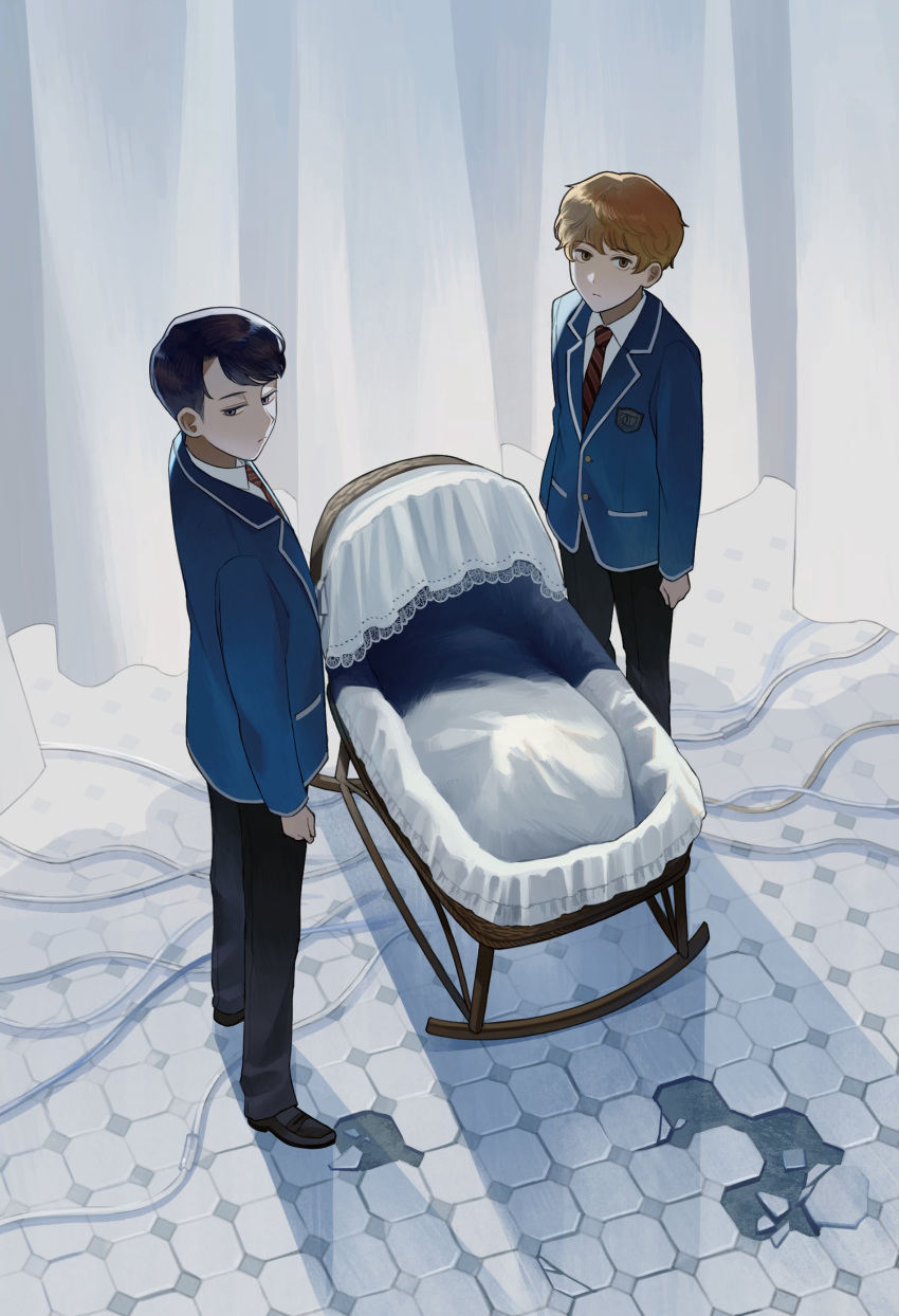 2boys, absurdres, black_pants, blue_jacket, broken_tile, brown_eyes, brown_hair, commentary_request, cradle, curtains, frown, grey_eyes, highres, jacket, kaibutsu_no_yurikago, looking_at_viewer, male_focus, multiple_boys, nakano_kaworu, necktie, pants, red_necktie, school_uniform, speech_bubble, tile_floor, tiles