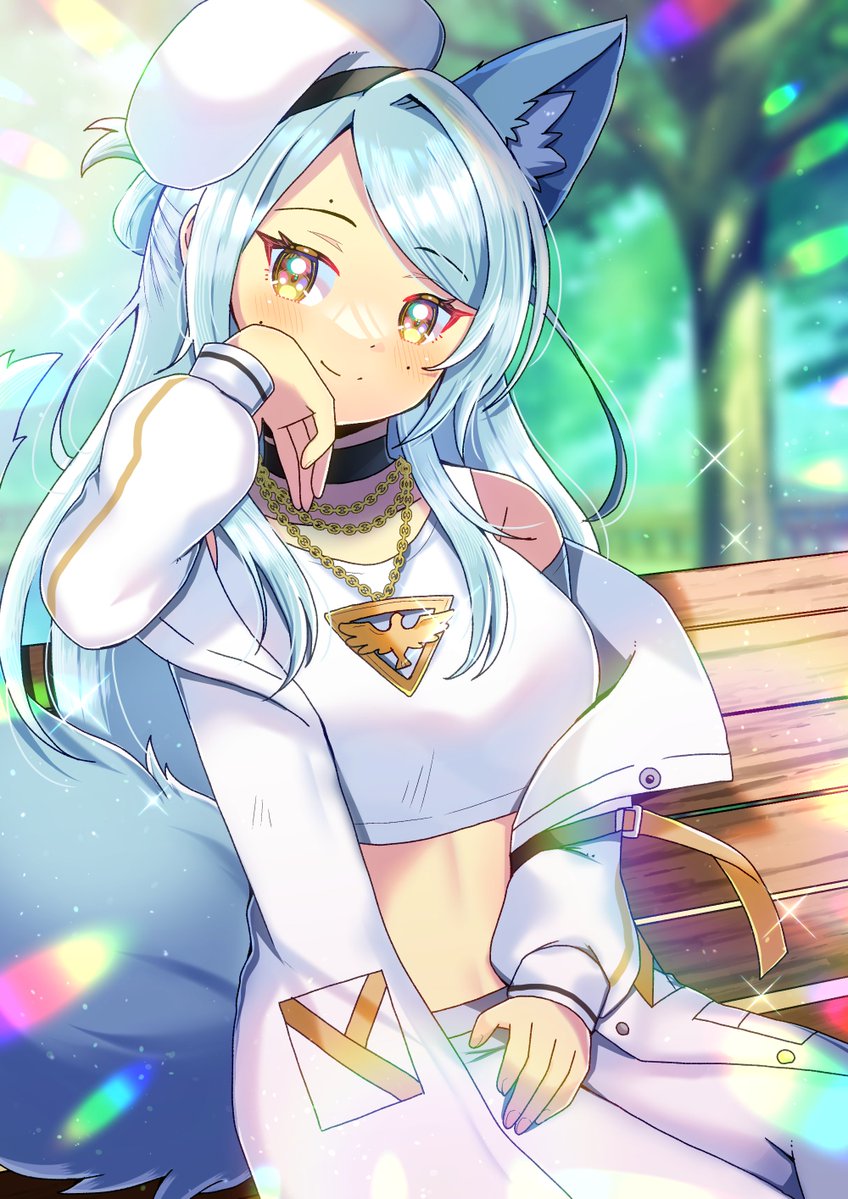 animal_ear_fluff, animal_ears, blue_hair, commission, crop_top, fox_ears, fox_tail, indie_virtual_youtuber, jewelry, kou_hiyoyo, long_hair, mole, mole_above_eye, mole_under_eye, necklace, skeb_commission, souma_spiritus, tail