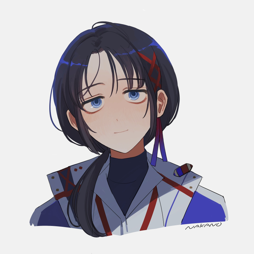 1girl, absurdres, black_hair, blue_eyes, commentary, hair_over_shoulder, hair_ribbon, hashtag-only_commentary, highres, indie_virtual_youtuber, mizumi_aka, nakano_kaworu, ponytail, portrait, ribbon, signature, solo, virtual_youtuber