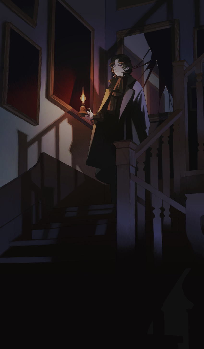 1boy, absurdres, ascot, black_coat, black_hair, blue_eyes, brown_ascot, coat, coat_on_shoulders, commentary, curly_hair, dark, earrings, hashtag-only_commentary, highres, holding, holding_lantern, jewelry, lantern, male_focus, melancholy_red, nakano_kaworu, original, pale_skin, portrait_(object), solo, stairs, stud_earrings