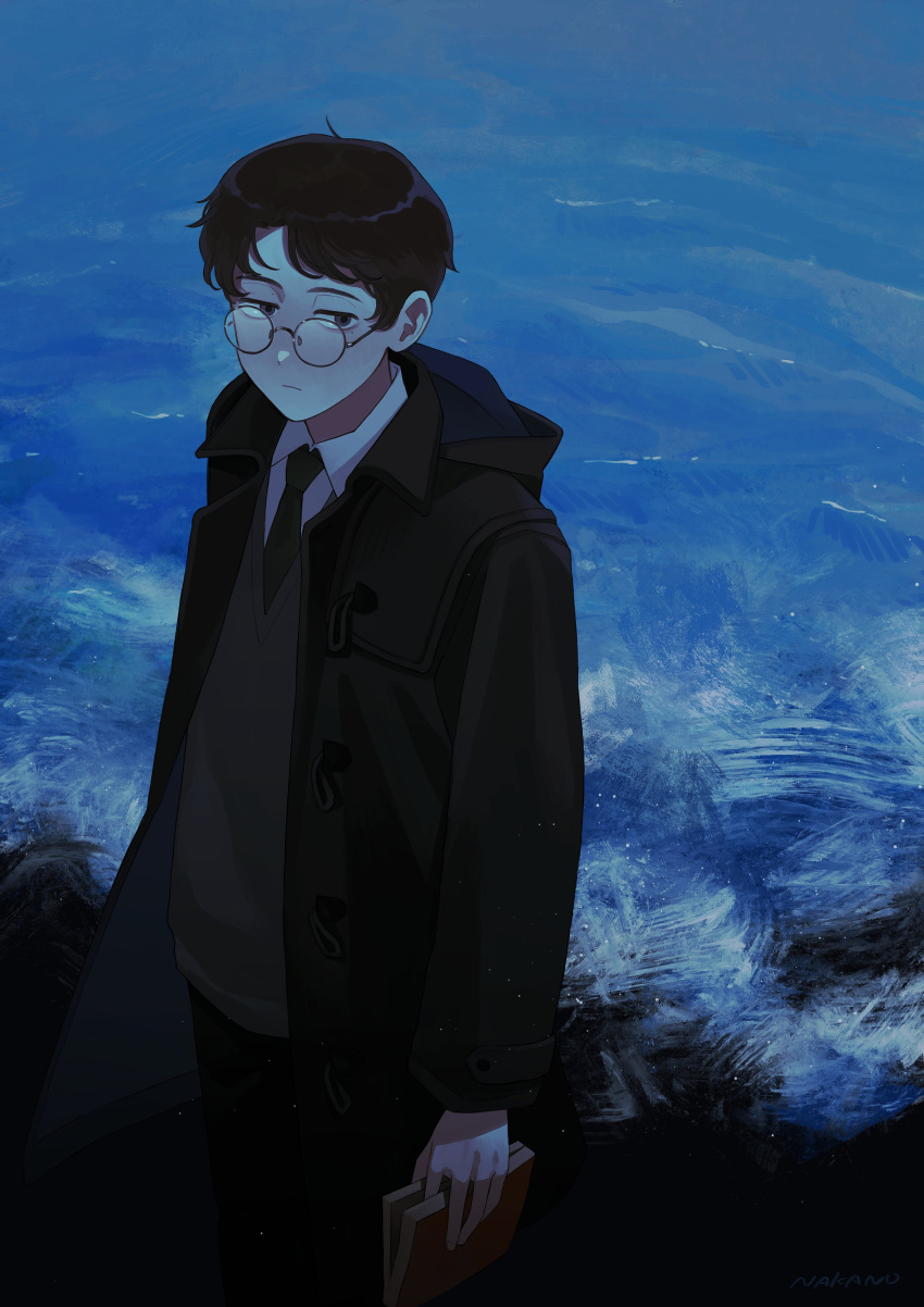 1boy, absurdres, black_coat, black_hair, black_necktie, book, brown_sweater, coat, commentary, cowboy_shot, from_above, glasses, hashtag-only_commentary, highres, holding, holding_book, hood, hooded_coat, light_frown, male_focus, melancholy_red, nakano_kaworu, necktie, ocean, original, round_eyewear, solo, sweater