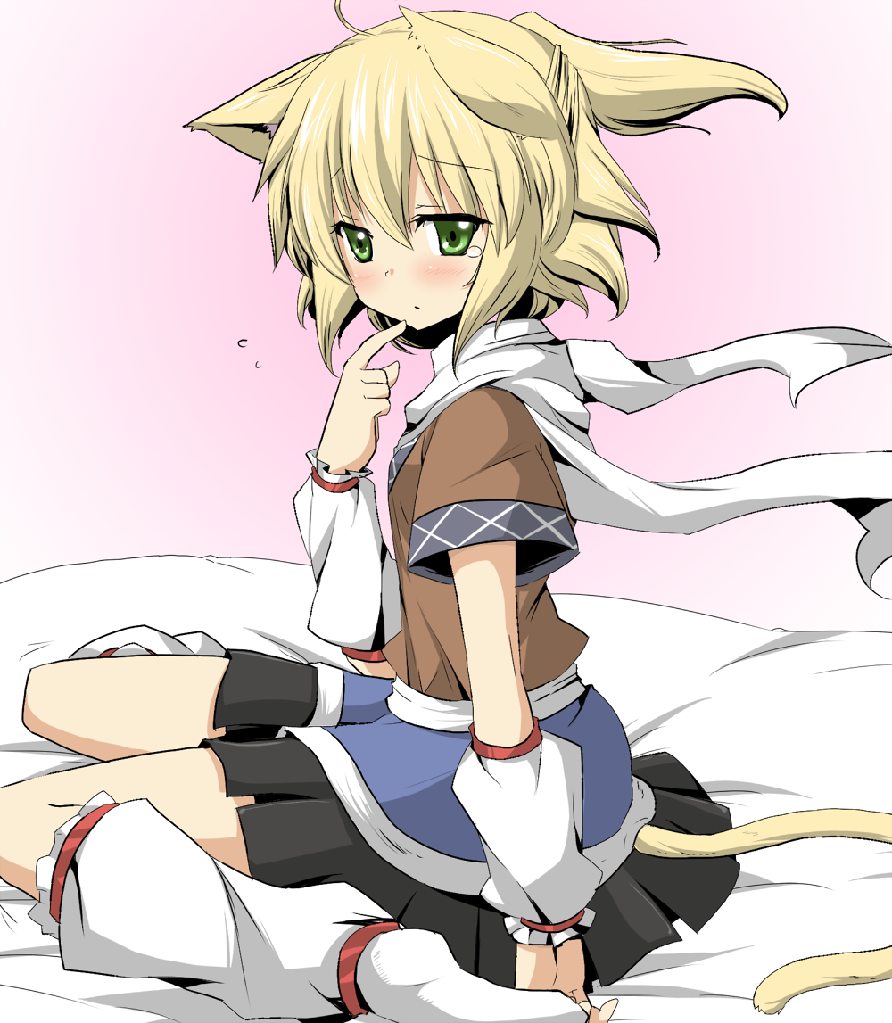 animal_ears, arm_warmers, blonde_hair, blush, cat_ears, cat_tail, detached_sleeves, finger_to_mouth