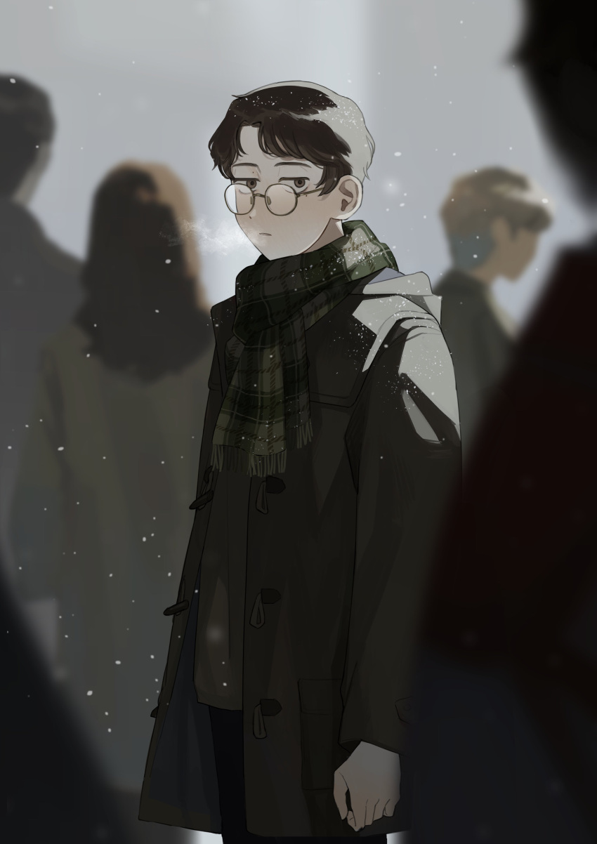 1girl, 3boys, absurdres, black_coat, black_eyes, black_hair, blurry, blurry_background