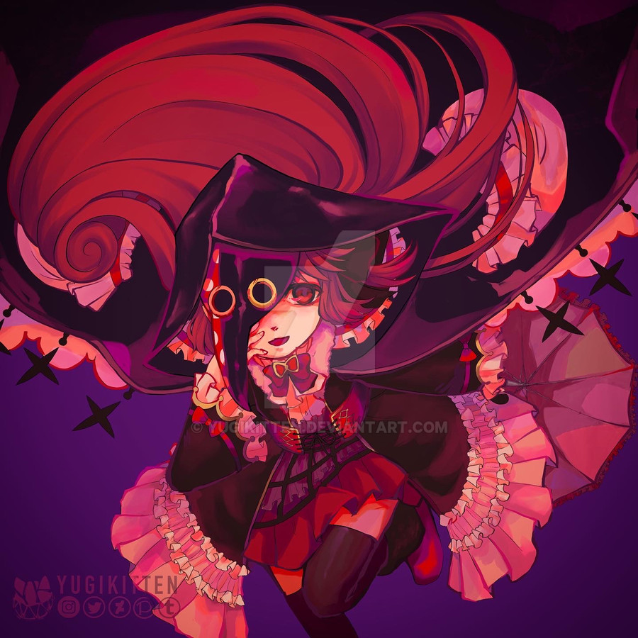 black_thighhighs, brown_hair, crow_mask, doppel_(madoka_magica), dress, frilled_dress, frills, goth_fashion