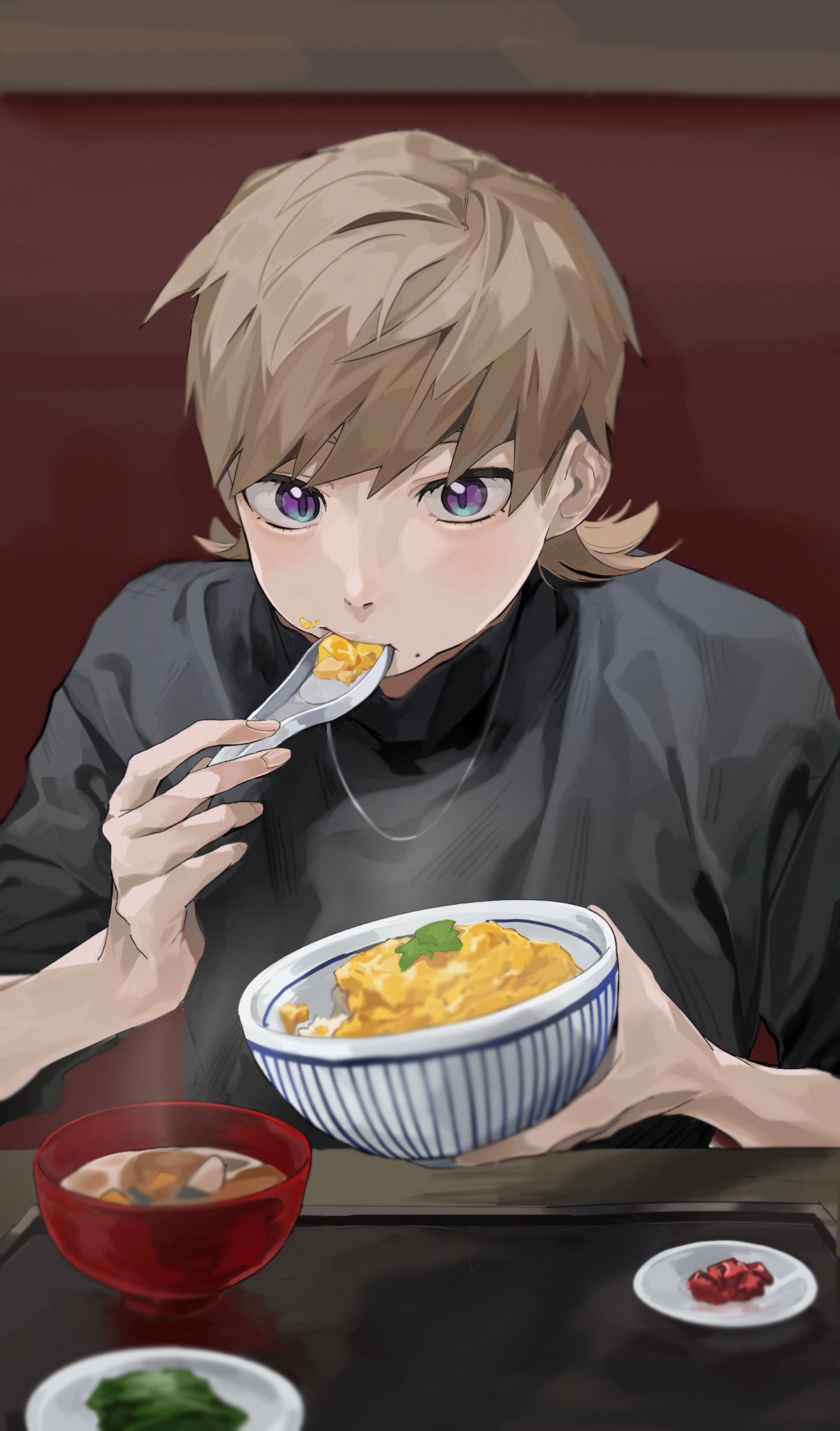 1boy, black_shirt, blue_eyes, book_smart001, bowl, brown_hair, eating, food, food_in_mouth, food_on_face, gundam, gundam_gquuuuuux, highres, holding, holding_bowl, holding_food, jewelry, male_focus, miso_soup, mole, mole_under_mouth, necklace, oyakodon_(food), shirt, short_hair, solo, turtleneck, two-tone_eyes, violet_eyes, xavier_olivette