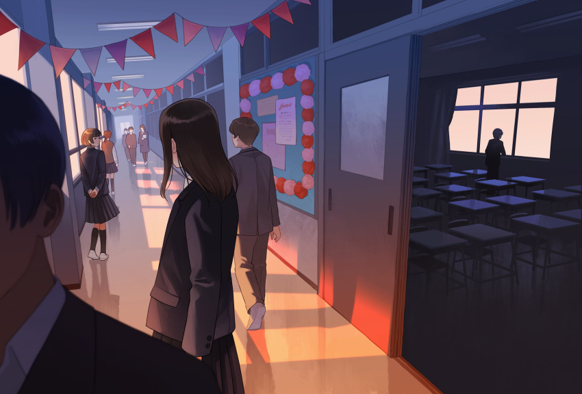4girls, 5boys, absurdres, arms_behind_back, black_hair, black_jacket, black_socks, blazer