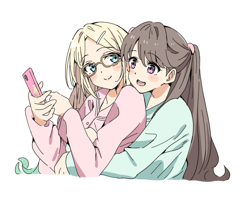 2girls, :d, alternate_costume, aqua_hair, aqua_pajamas, aqua_shirt, bien_(djpwjd1), blonde_hair