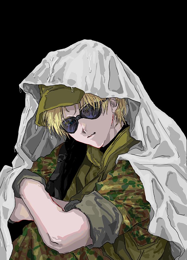 1boy, black_background, blonde_hair, camouflage, camouflage_jacket, char_aznable, gloves, gun