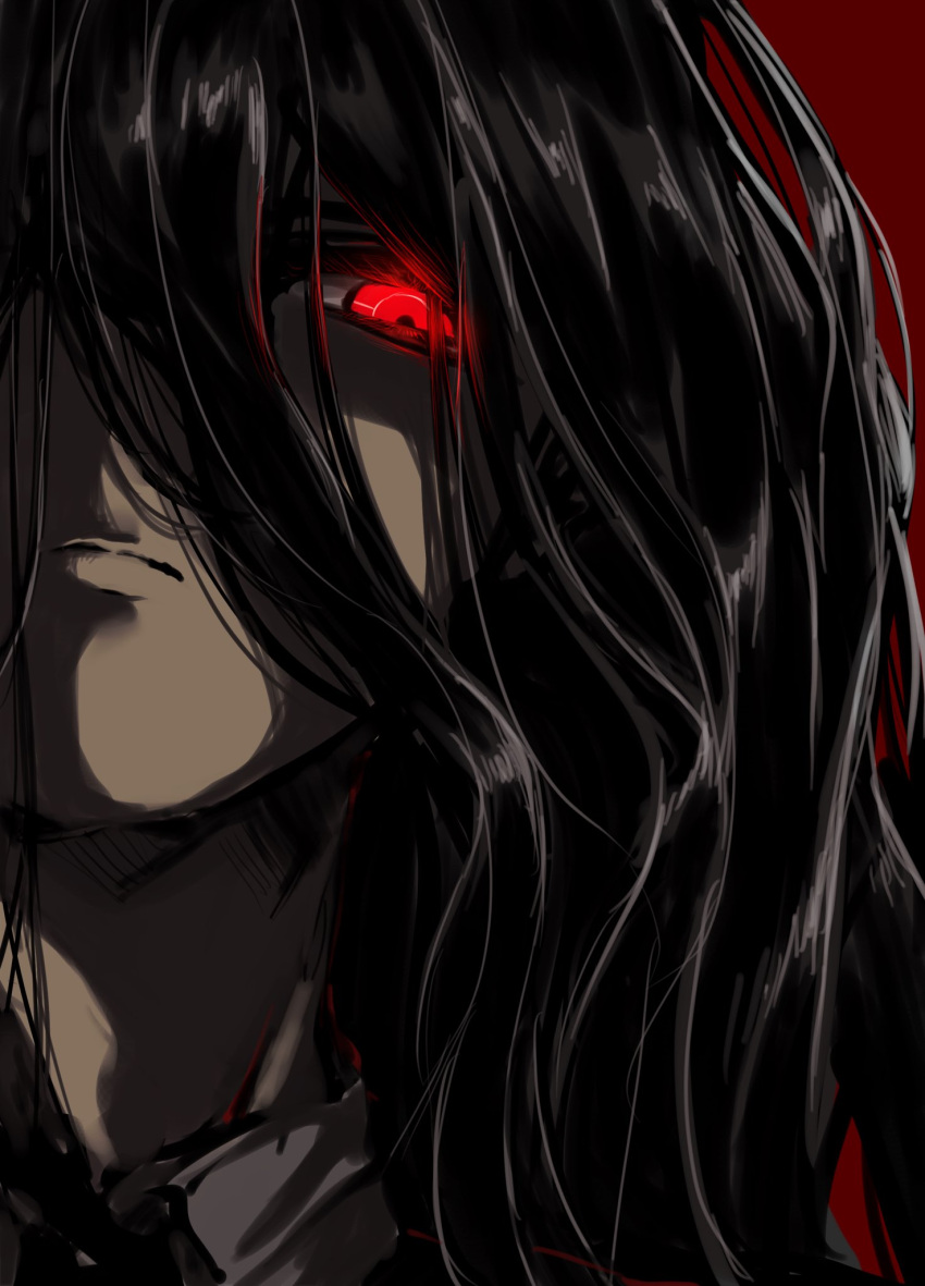 1boy, black_hair, closed_mouth, collared_shirt, danganronpa_(series), danganronpa_2:_goodbye_despair, glowing, glowing_eye, gumame1313, hair_between_eyes, highres, kamukura_izuru, long_hair, male_focus, red_background, red_eyes, shirt, simple_background, solo