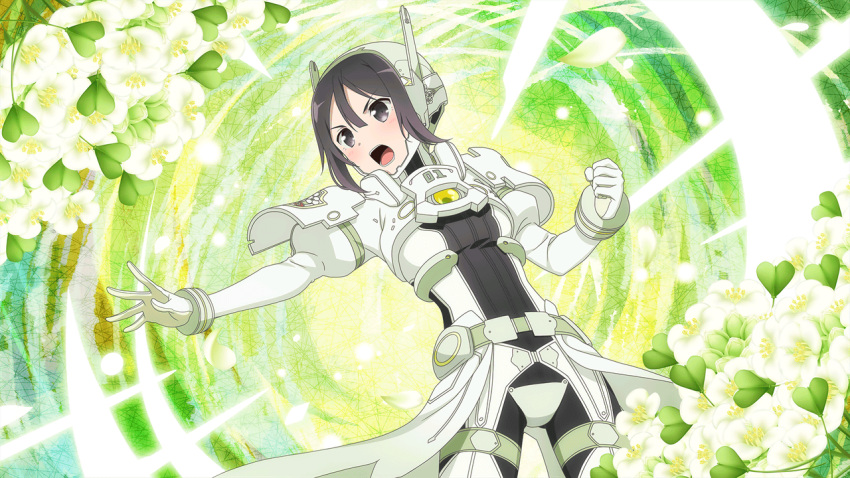 1girl, armored_bodysuit, artist_request, black_eyes, black_hair, check_artist, flower, game_cg