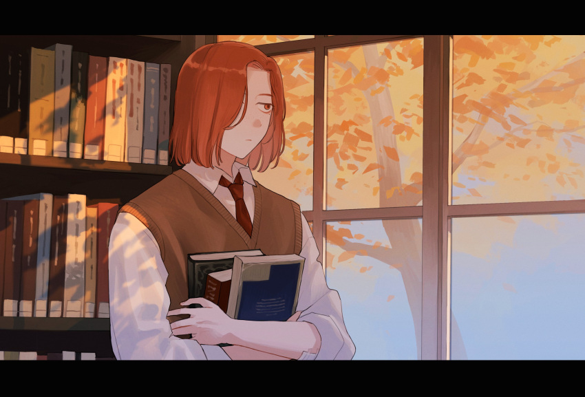 1boy, autumn_leaves, book, bookshelf, brown_sweater_vest, commentary, english_commentary, expressionless