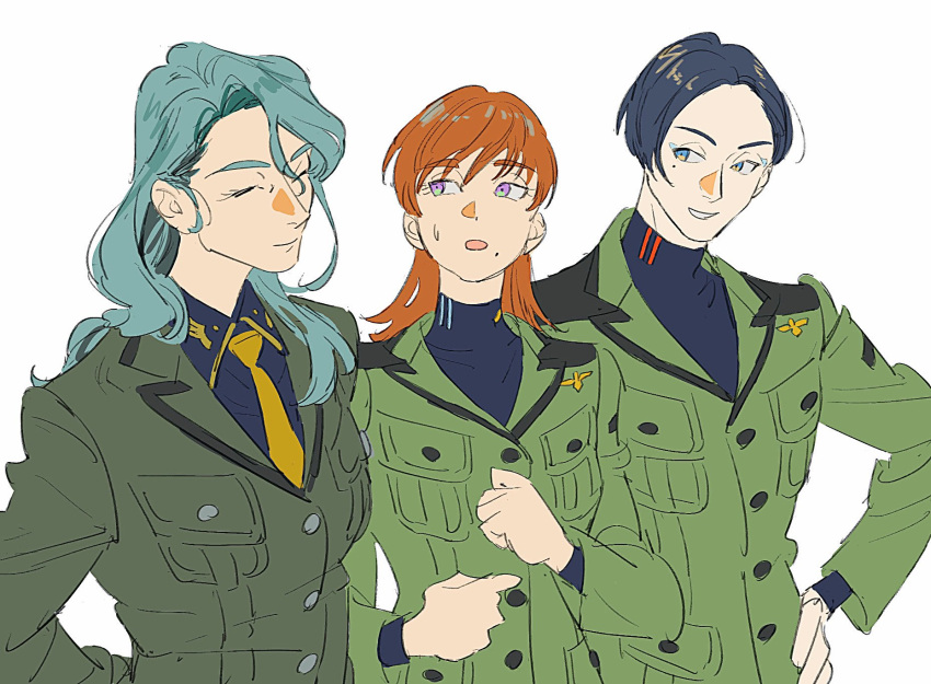 1boy, 2girls, aqua_hair, black_hair, blue_eyes, brown_hair, challia_bull, closed_eyes