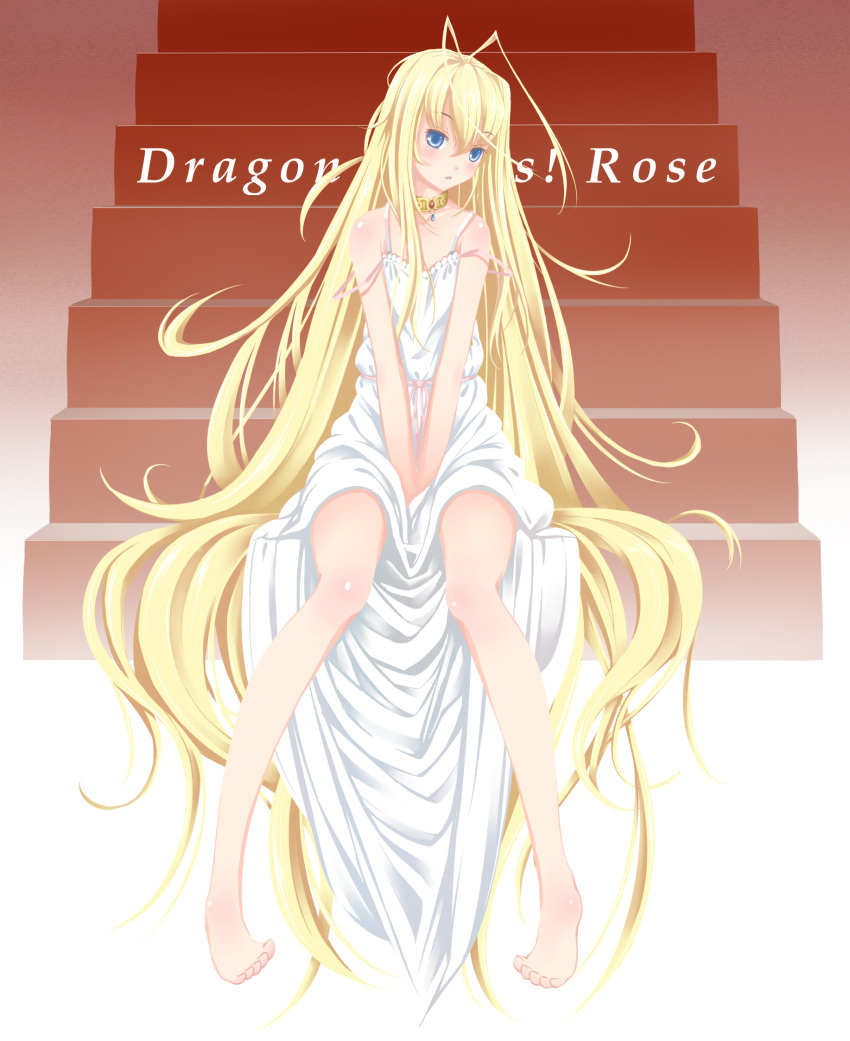 1girl, antenna_hair, bare_shoulders, barefoot, blonde_hair, blue_eyes, collar, dragon_crisis!, dress, highres, jewelry, long_hair, rose_(dragon_crisis!), solo, takano_suzu, very_long_hair