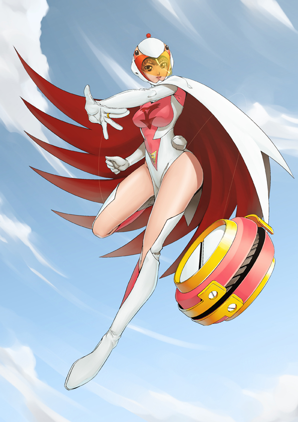 brown_eyes, brown_hair, cape, elbow_gloves, gatchaman, gloves, helmet, jun_the_swan