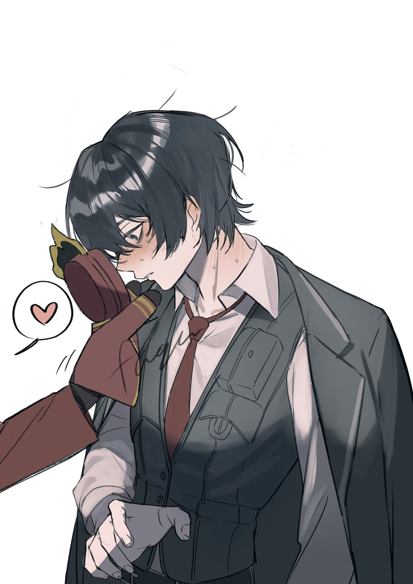 1boy, 1other, black_jacket, black_vest, blush, collared_shirt, dante_(limbus_company), dress_shirt