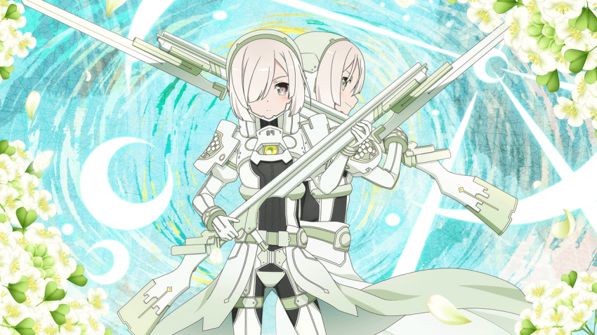 2girls, armored_bodysuit, artist_request, bayonet, check_artist, flower, game_cg, grey_eyes