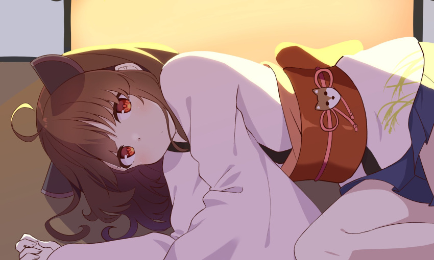 1girl, ahoge, backlighting, blue_skirt, brown_hair, chaakusu, closed_mouth, commentary_request