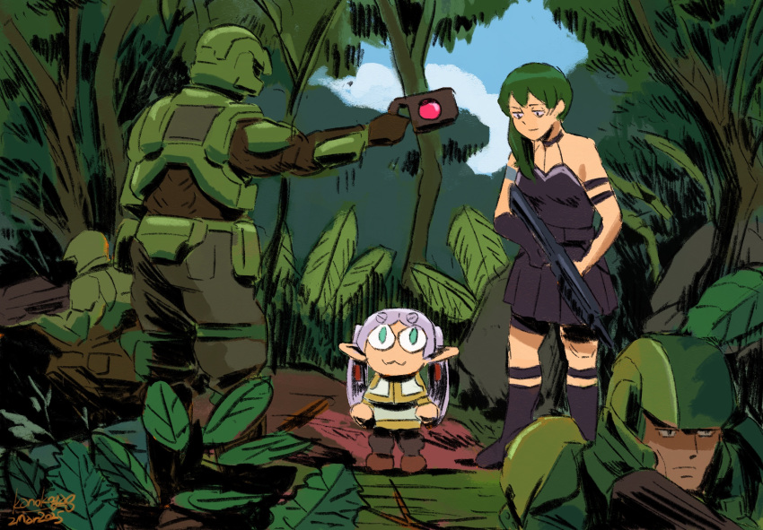 2girls, 3boys, black_dress, chibi, dress, elf, frieren, green_hair