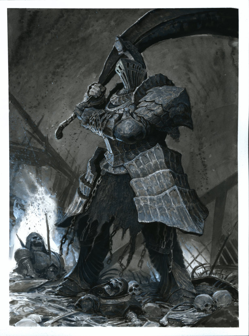 1boy, armor, chain, chained_wrists, club_(weapon), corpse, dark_souls_(series), dragon's_tooth_(dark_souls)