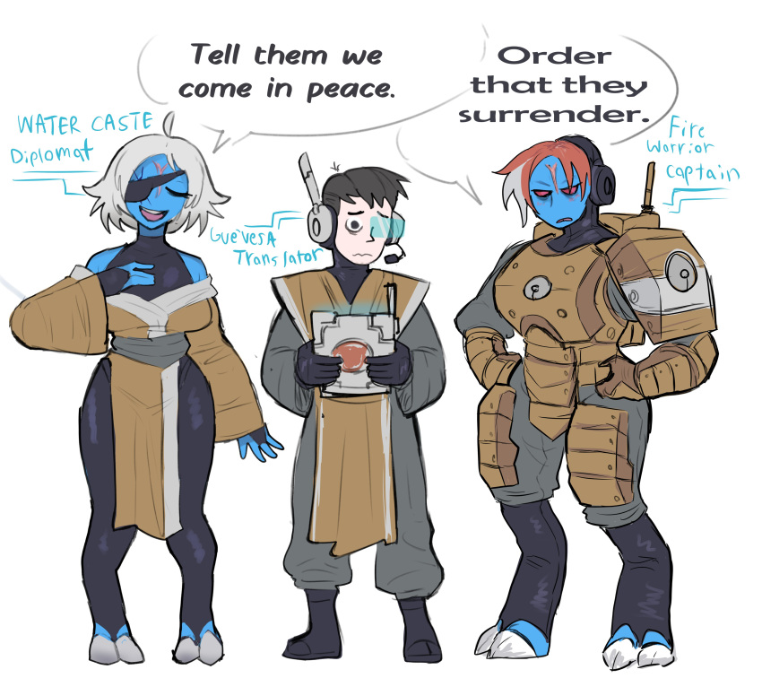 1boy, 2girls, absurdres, blue_skin, closed_eyes, colored_skin, english_text, eyepatch